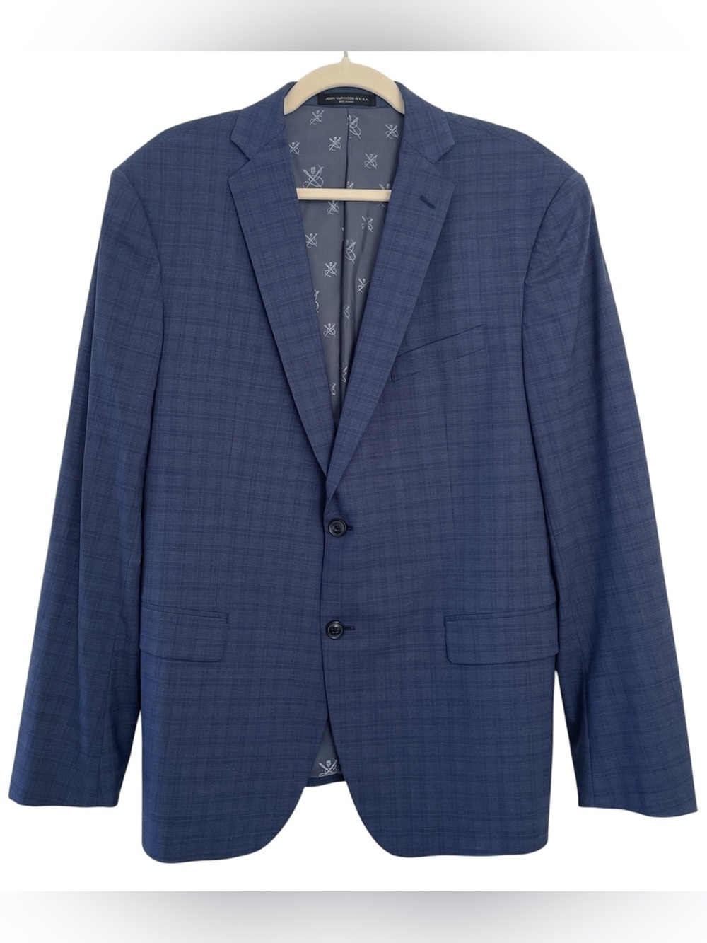 John Varvatos Bleecker Signature Suit Jacket Blue Blazer Plaid Wool 46R Coat Men